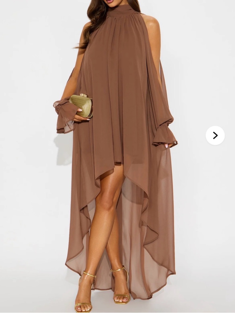 Fashion Nova Brown High-Low Chiffon Cold-Shoulder Dress